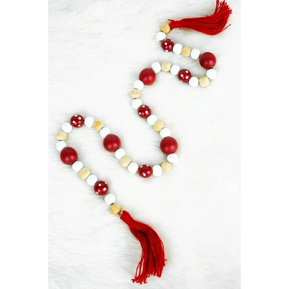 Young's Inc. Other - Christmas Décor. Red, White, Tan, Wood Blessing Beads Garland. Jute Tassels.